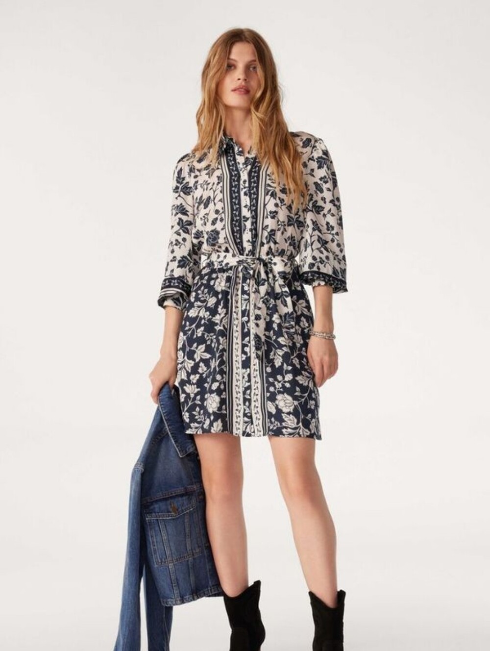 ba&sh Hella Printed Long Sleeve Mini Shirt Dress XS 0 Parisian Chic